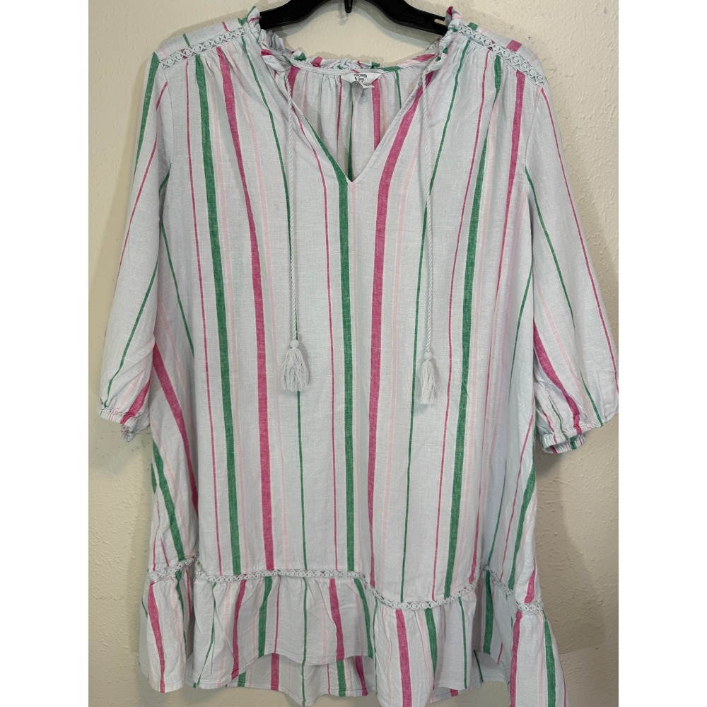 Crown & Ivy Womens 2X Pink Green Striped Linen Blend Tassel Peasant Top Blouse
